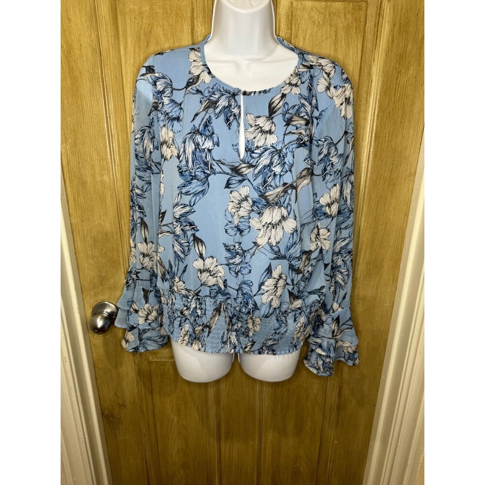 White House Black Market Top Womens Medium Blue Floral Print Ruffle Blouse